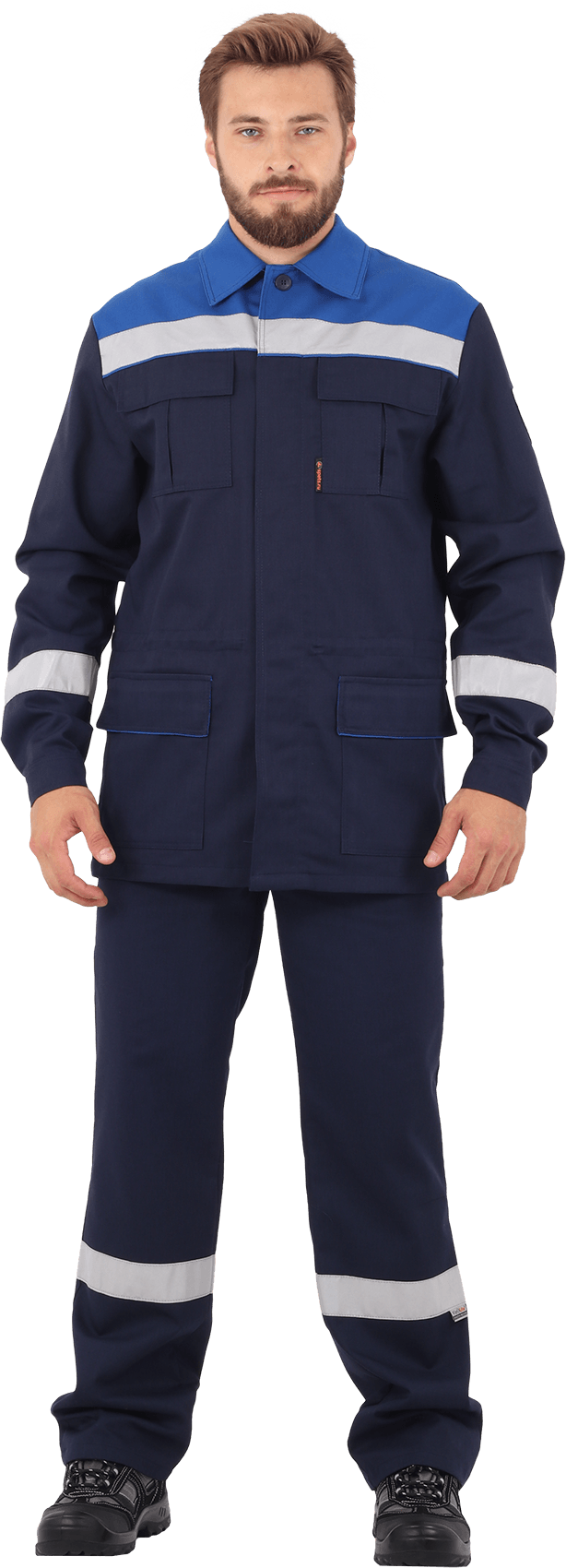 Костюм мужской АНТИСТАТ от механических воздействий и ОПЗ, от статического электричества (куртка, полукомбинезон), темно-синий/василёк Кос 583