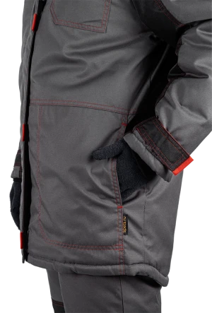 Костюм женский КМ-10 ЛЮКС от пониженных температур воздуха и ветра, механических воздействий и ОПЗ (куртка, брюки), серый/красный/черный