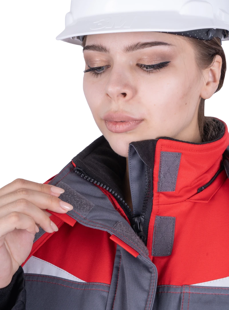 Костюм женский КМ-10 ЛЮКС от пониженных температур воздуха и ветра, механических воздействий и ОПЗ (куртка, брюки), серый/красный/черный Кос 237