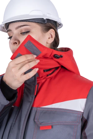 Костюм женский КМ-10 ЛЮКС от пониженных температур воздуха и ветра, механических воздействий и ОПЗ (куртка, брюки), серый/красный/черный Кос 237