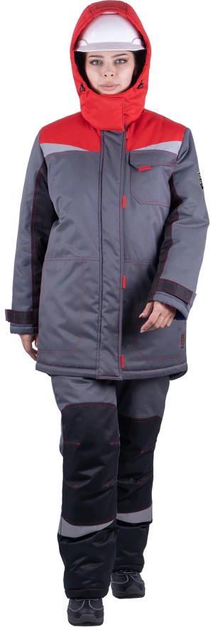 Костюм женский КМ-10 ЛЮКС от пониженных температур воздуха и ветра, механических воздействий и ОПЗ (куртка, брюки), серый/красный/черный Кос 237